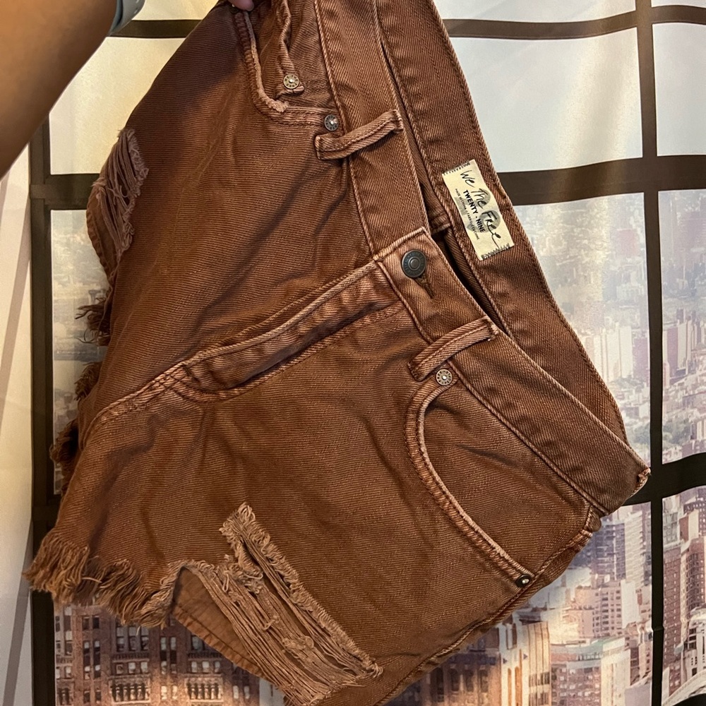 We the Free | Free People Brown Distressed Denim Button Up Shorts Size 29